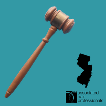 Brown gavel over teal background with shape of New Jersey