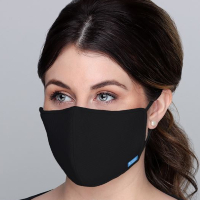 Woman with brown hair wearing a black protective face mask