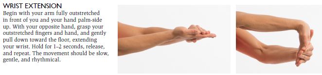 Wrist pain extension stretches with instructions on the exercise. 