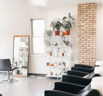 Simple hair salon with white walls, light brick pillar and a plant stand
