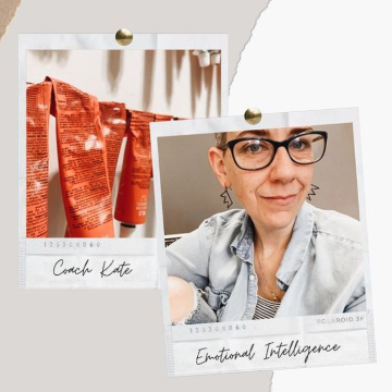 Two polaroid picture frames, one with red tubes of color half used and one with a woman with short salt and pepper hair and dark rimmed glasses