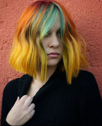 A block color hairstyle with multiple colors.