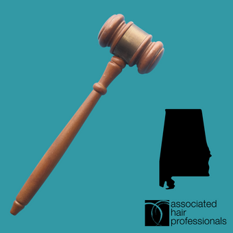 Brown gavel over teal background with shape of Alabama