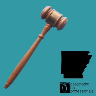 Brown gavel over teal background with shape of Arkansas