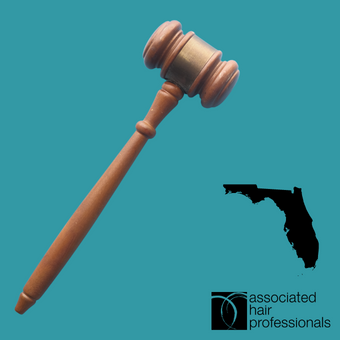 Brown gavel over teal background with shape of Florida