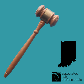 Brown gavel over teal background with shape of Indiana