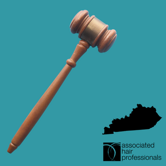 Brown gavel over teal background with shape of Kentucky in corner.