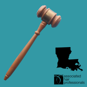 Brown gavel over teal background with shape of Louisiana state
