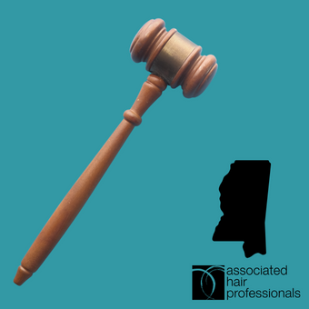 Brown gavel over teal background with shape of Mississippi