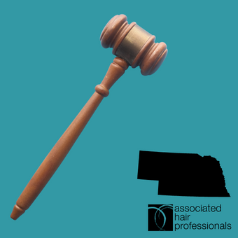 Brown gavel with teal background and shape of Nebraska.