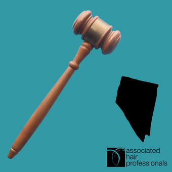 Brown gavel over teal text with shape of Nevada