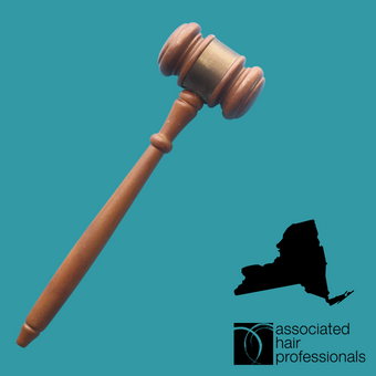 Brown gavel over teal background with shape of New York state.