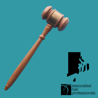Brown gavel over teal background with shape of Rhode Island