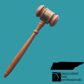 Brown gavel over teal background with shape of Tennessee