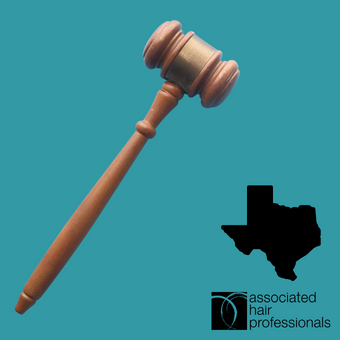 Brown gavel over teal background with shape of Texas