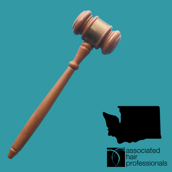 Brown gavel over teal background with shape of Washington