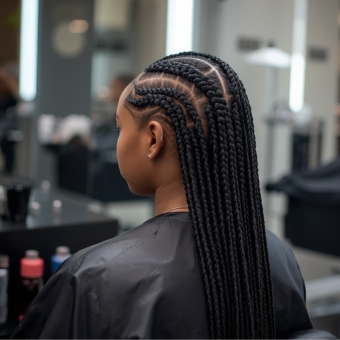 Woman sitting in a salon chair with braids