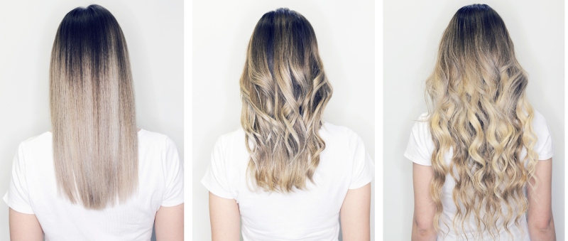 Three women show their unique balayage hairstyles from the back.