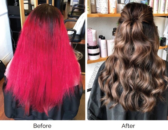 Before and after image of brunette hair color