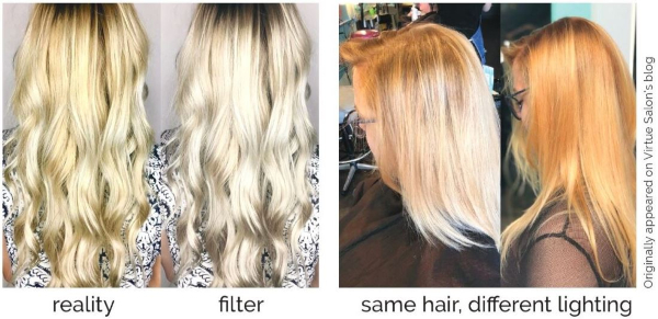 Side-by-side views of the same hair in different lighting and filters.