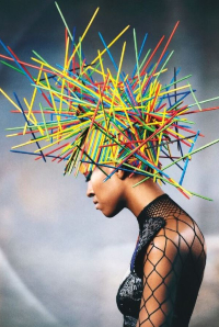 An image of model with sticks in hair