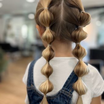 Girl with two bubble braids in her hair.