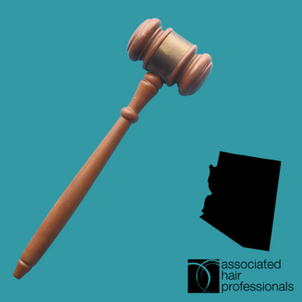 Brown gavel over teal text with shape of Arizona.