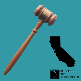 Brown gavel over teal text with shape of California